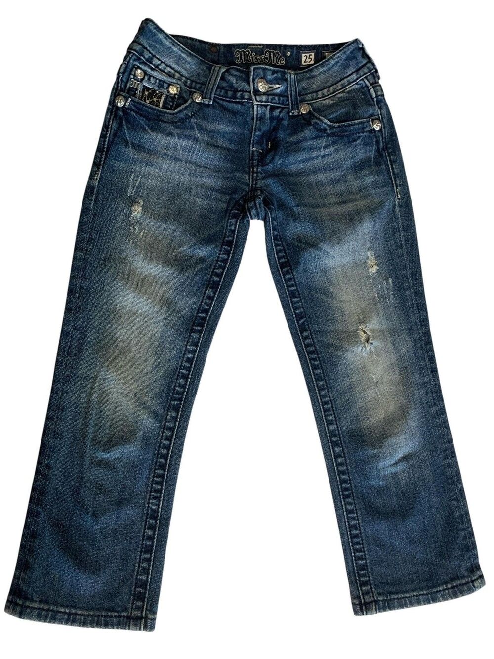 Miss Me Jeans Womens 25 Blue Capri JP6085P Distressed Embellished Pockets Denim